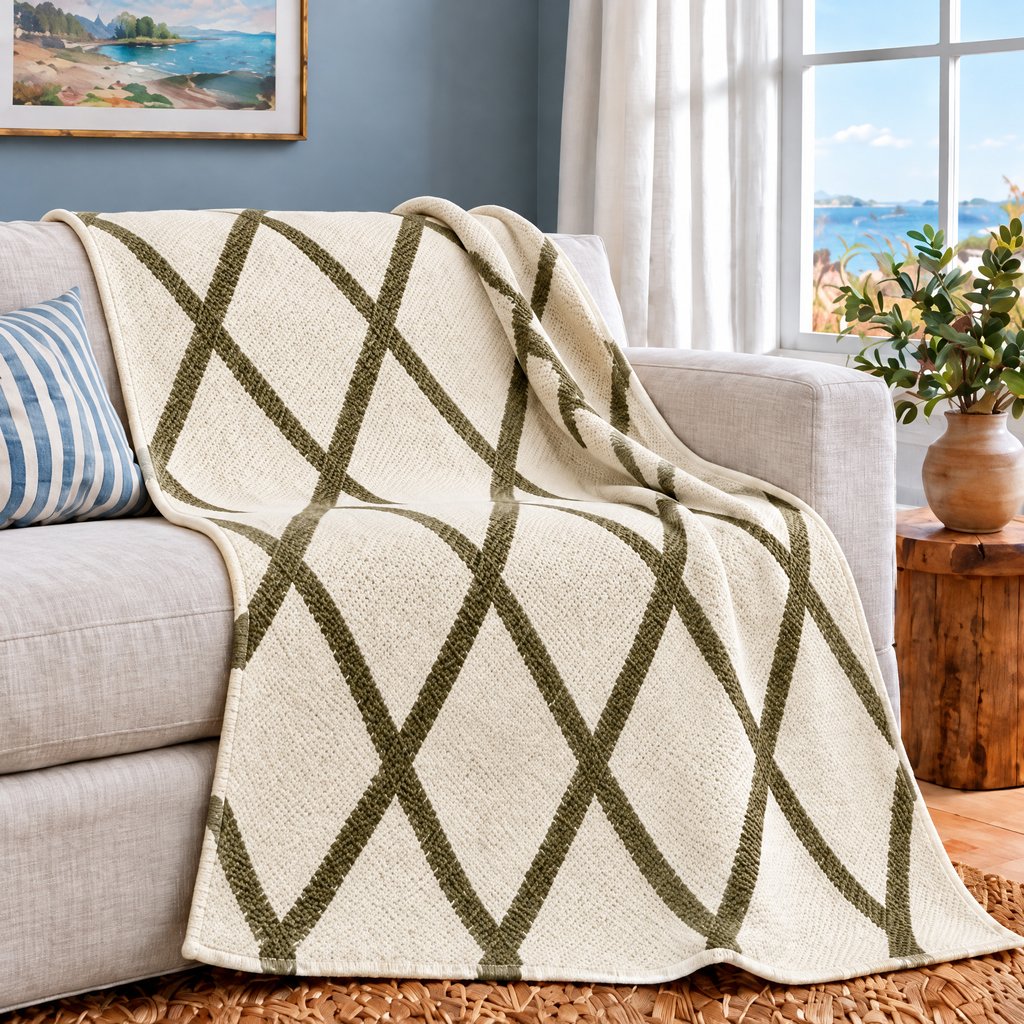 Marloweo™ Ivory & Olive Diamond Throw Blanket