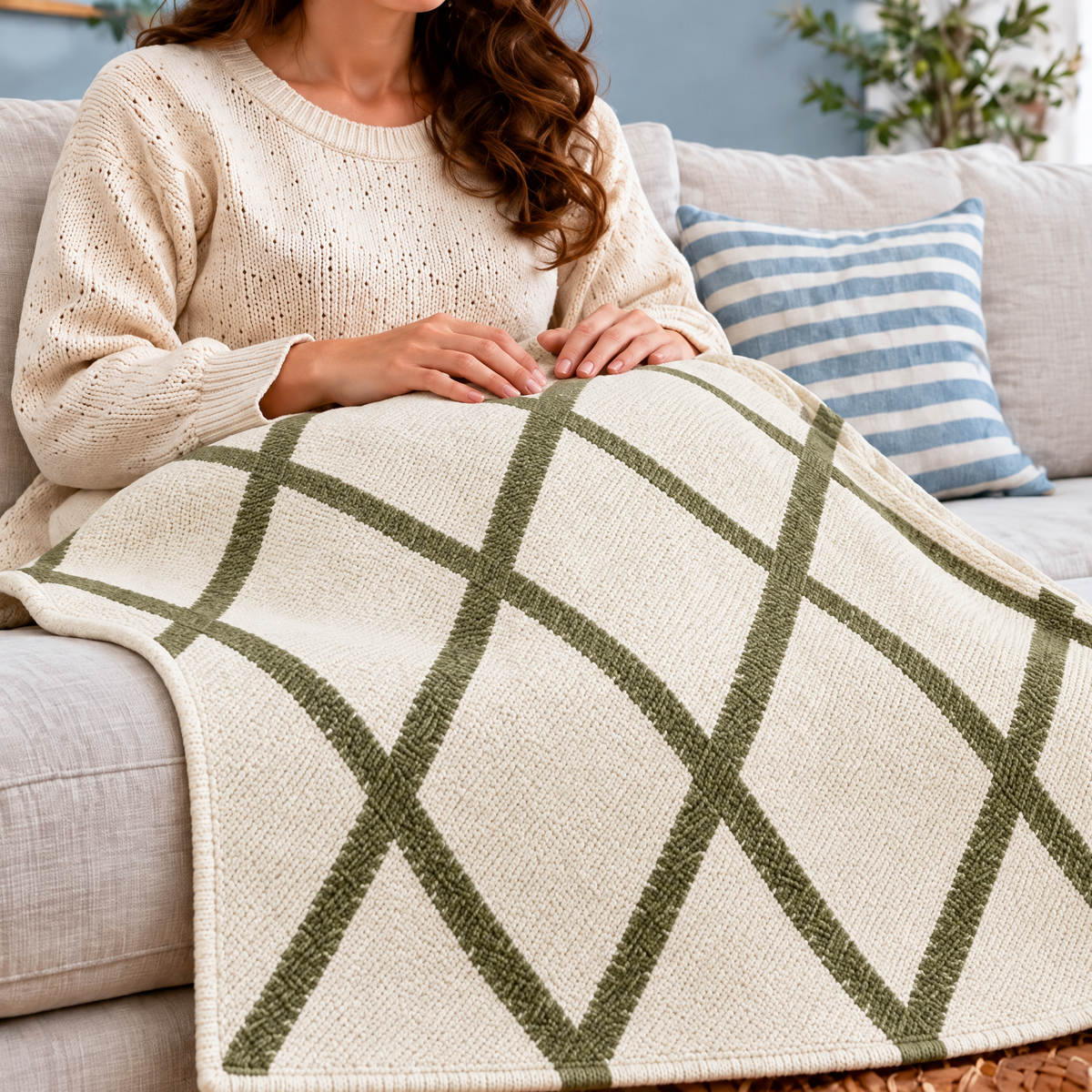Marloweo™ Ivory & Olive Diamond Throw Blanket