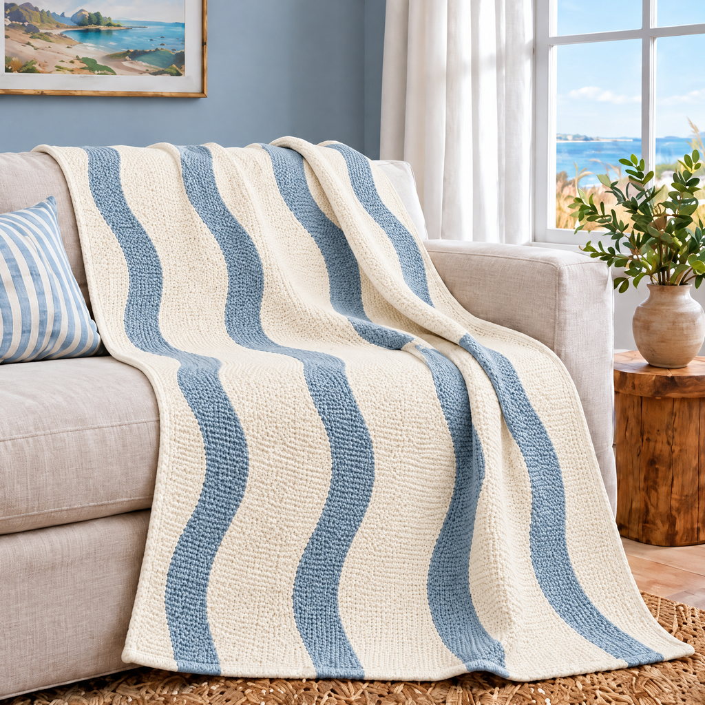 Marloweo™ Ivory & Blue Wave Throw Blanket