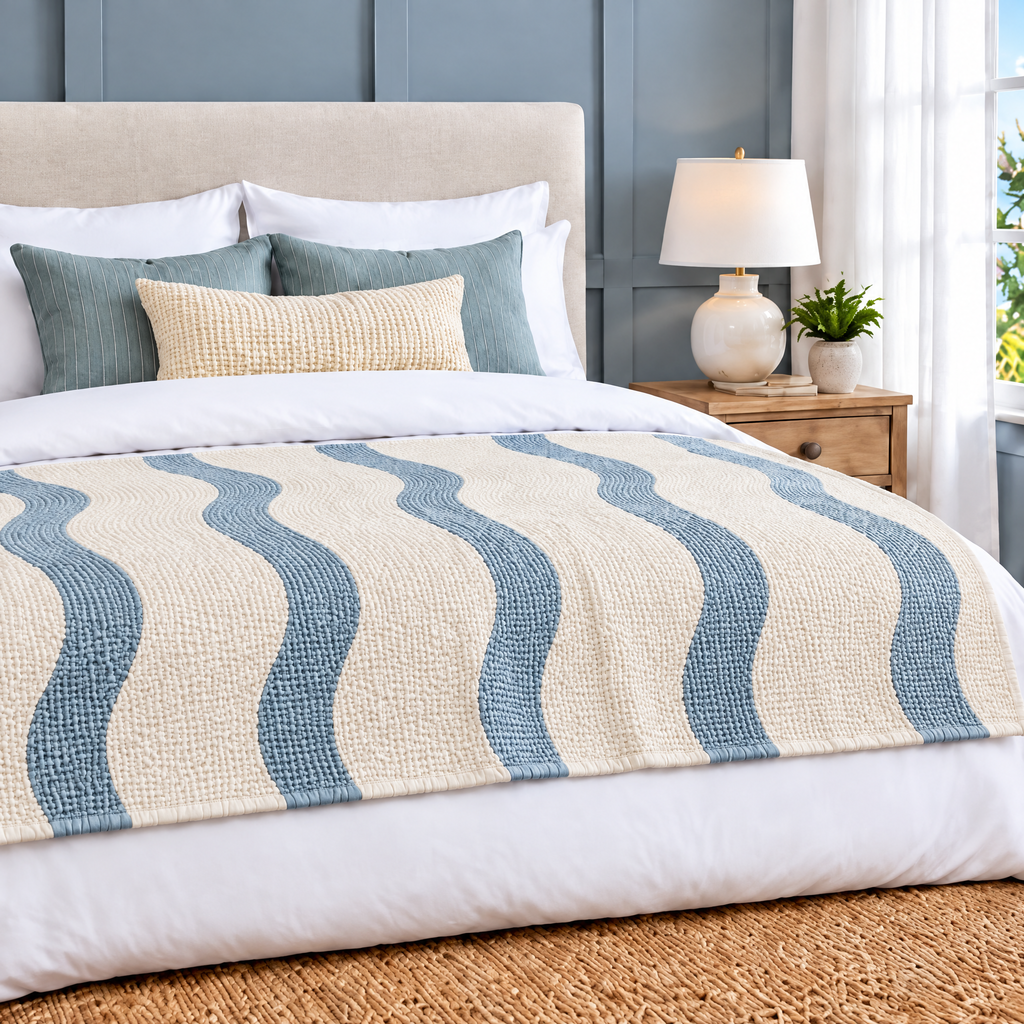 Marloweo™ Ivory & Blue Wave Throw Blanket