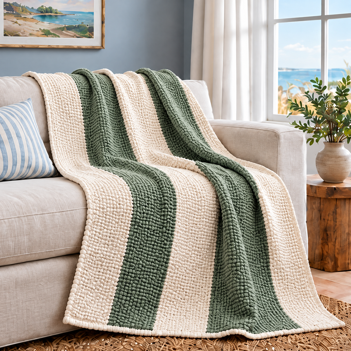 Marloweo™ Ivory & Sage Stripe Throw Blanket
