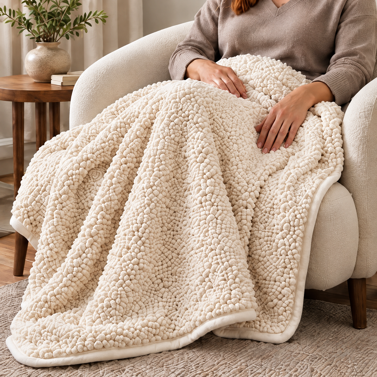 Marloweo™ Ivory Bouclé-Style Plush Throw Blanket