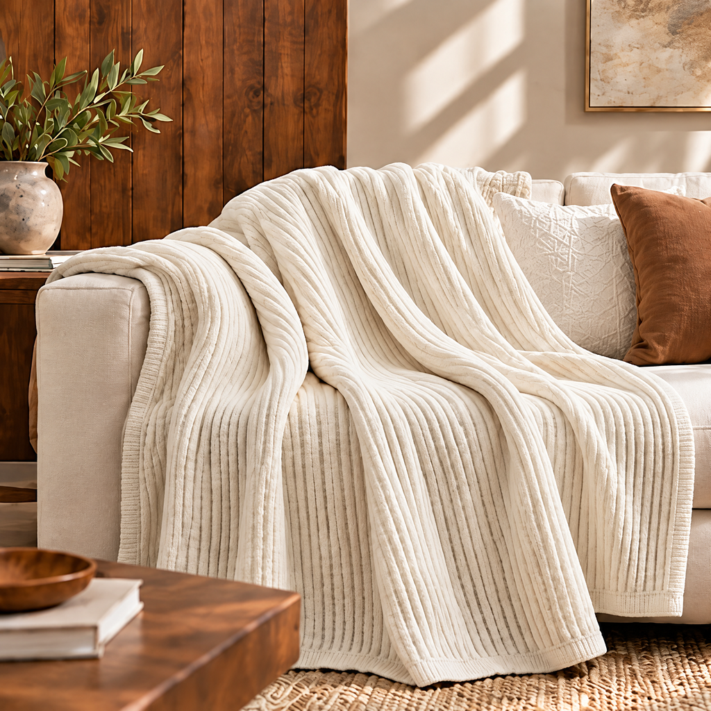 Marloweo™ Ivory Ribbed Throw Blanket